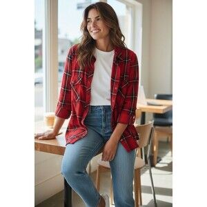 Sanctuary Shirt Women's Red Black Plaid Button Up / Snaps Boyfriend Shirt XL S